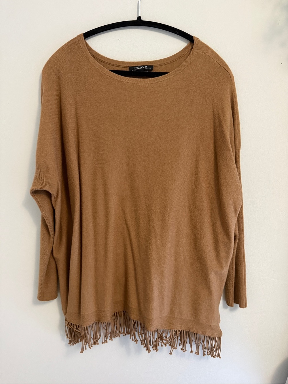 CHARLIE B Camel Fringe-Hem Lightweight Sweater